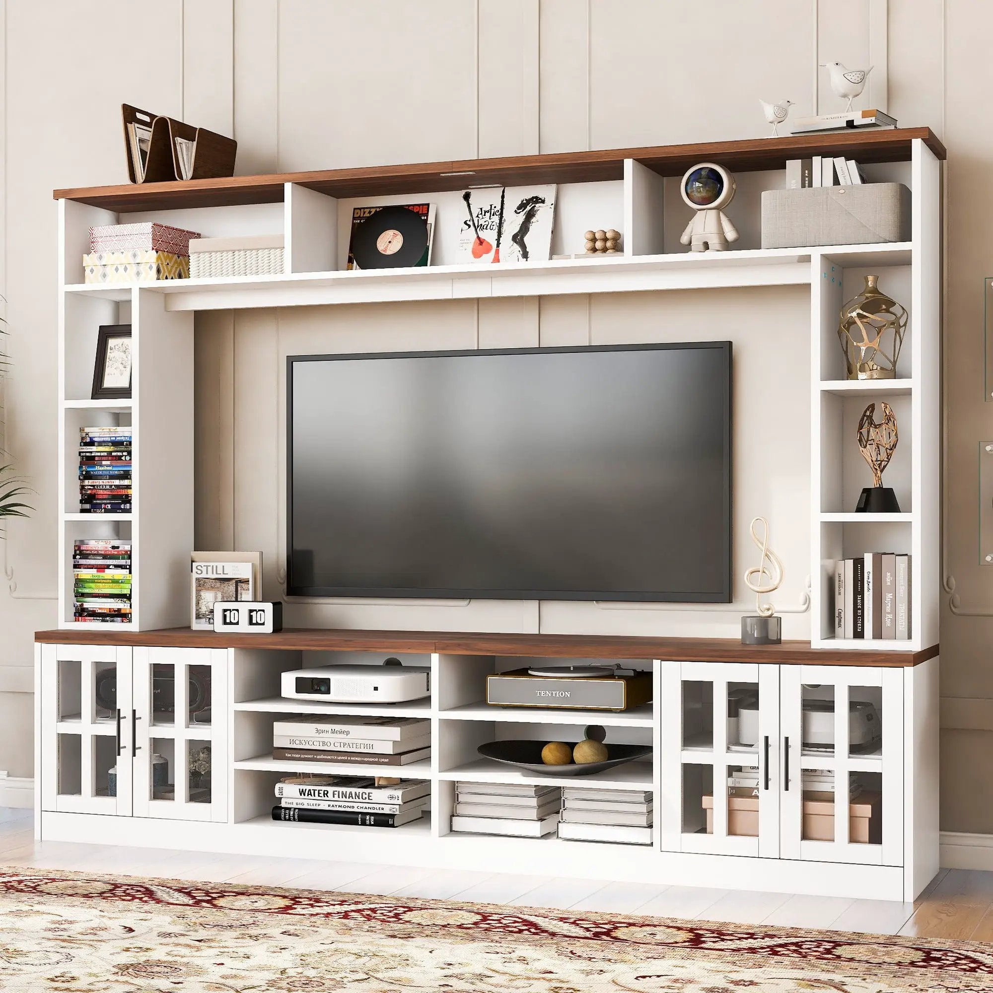 Wall Unit Entertainment Center With Bookshelves For TVs Up To 80", Tempered Glass Doors And Adjustable Shelves by Unique Piece Furniture