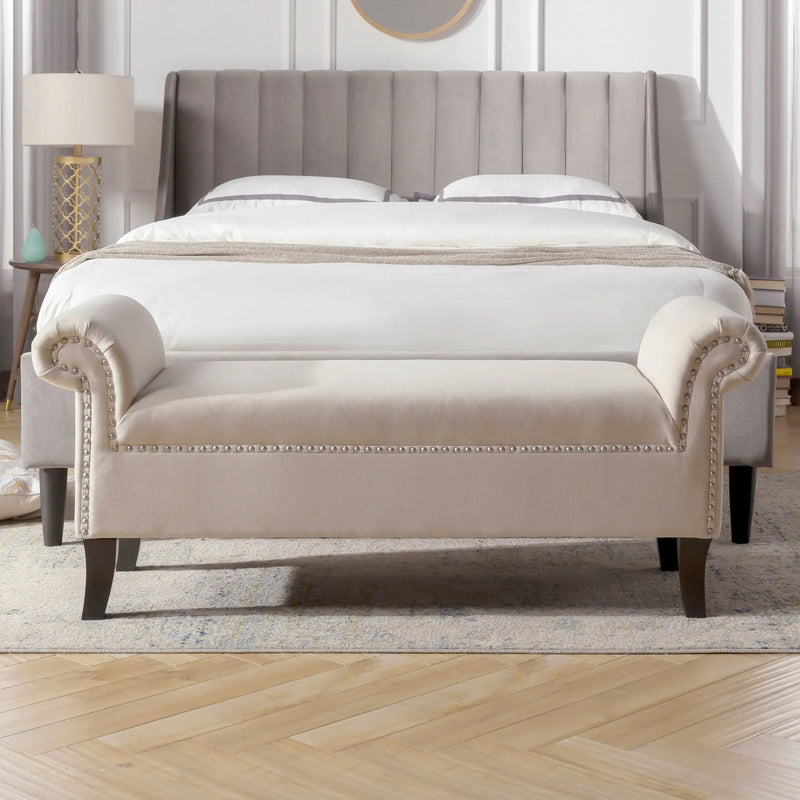 Kathy - Roll Arm Entryway Accent Bench - Sky Neutral Beige by HouseOfZazla