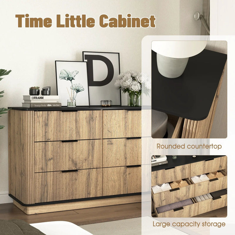Modern 6 Drawer Cabinet With Metal Rounded Corners And Exquisite Handles Multi Functional Storage - Natural Wood by HouseOfZazla