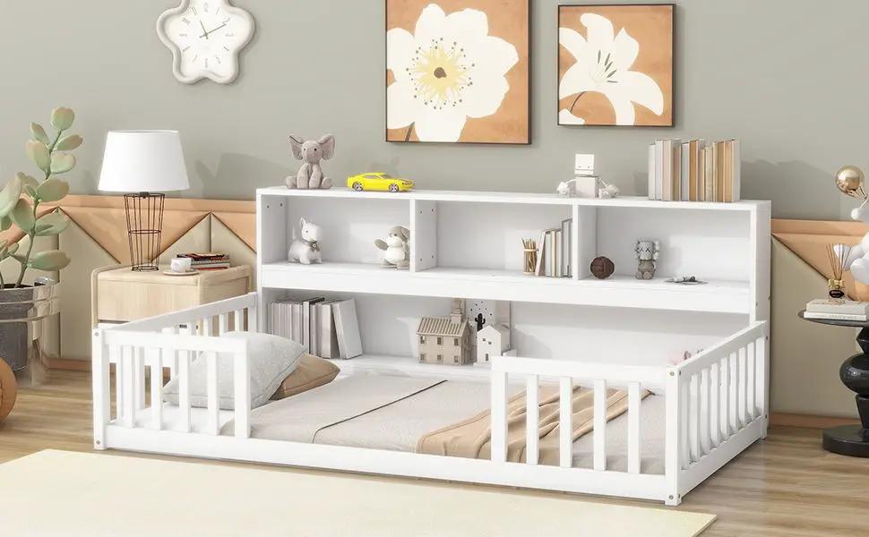 Floor Bed With Bedside Bookcase, Shelves, Guardrails by Unique Piece Furniture