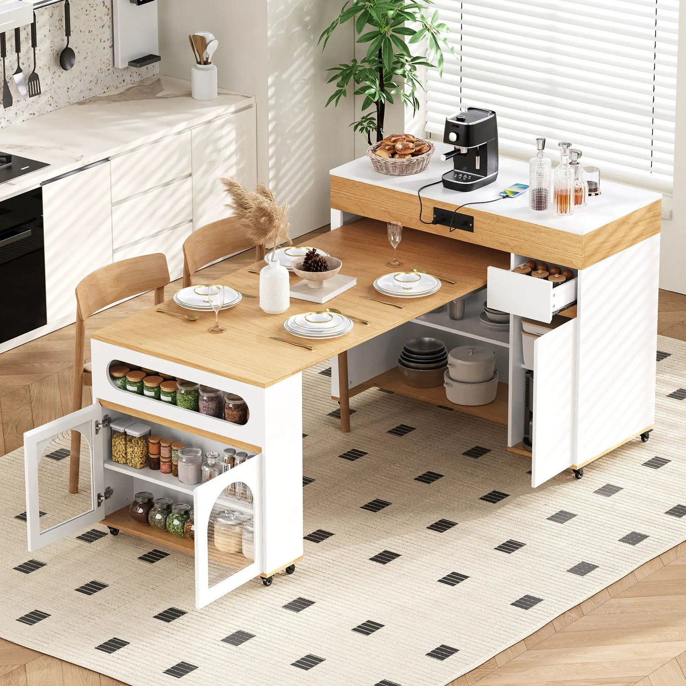 Extendable Dining Table With Folding Top, Rolling Kitchen Island With Drawers And Power Outlet by Unique Piece Furniture