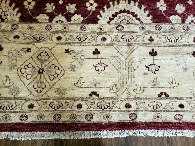 Pakistani Peshawar Rug 10x14, Handmade Chobi Carpet, Maroon & Beige by Jewel Rugs