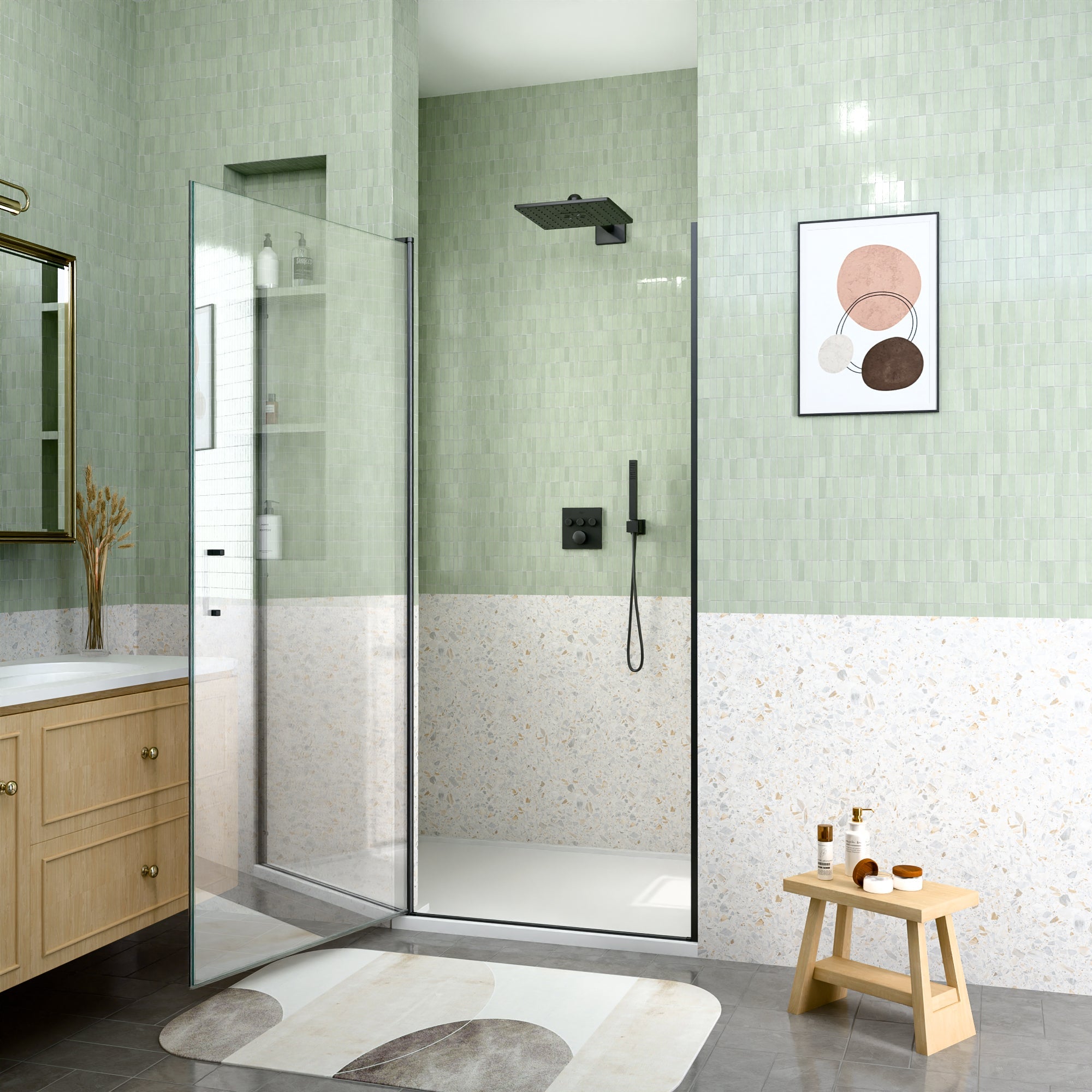 24" W x 72" H Semi-Frameless Circular Pivot Shower Door in Matte Black by HouseOfZazla