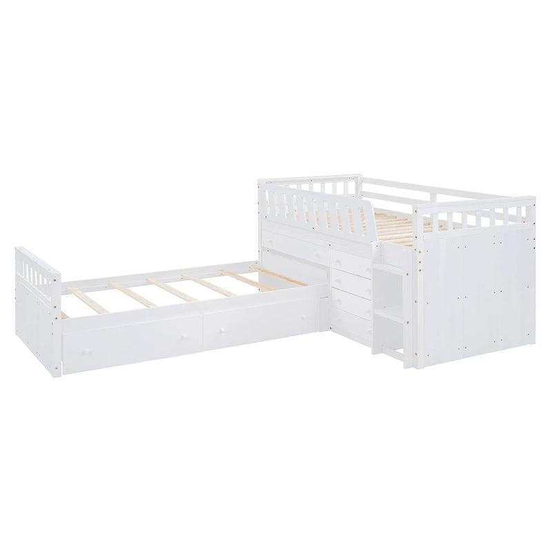 Loft Platform Bed With 7 Drawers And Full Guardrails, Modern L Shaped Space Savin