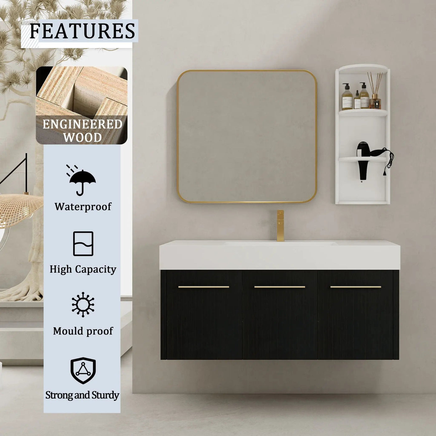 Modern Wall Mounted Bathroom Vanity With Thick Edge Resin Sink And Storage Rack by Unique Piece Furniture
