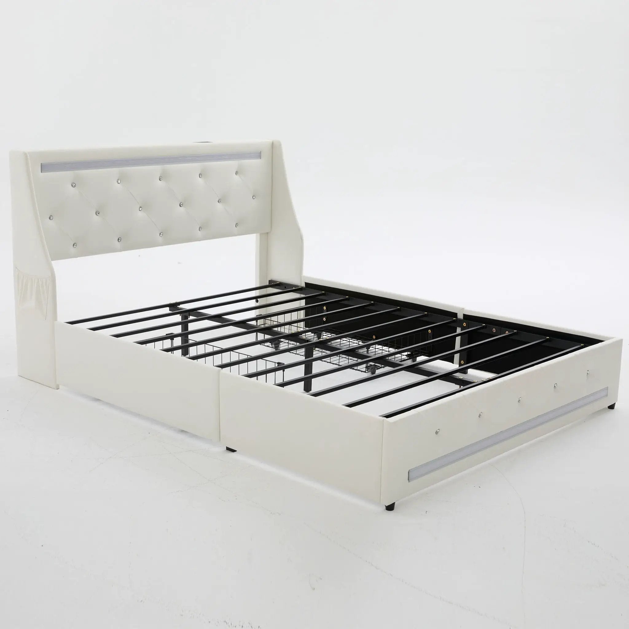 Wingback Upholstered Bed Frame With LED Lights, Charging Station by HouseOfZazla