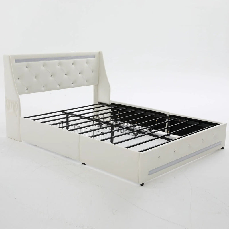 Wingback Upholstered Bed Frame With LED Lights, Charging Station by HouseOfZazla