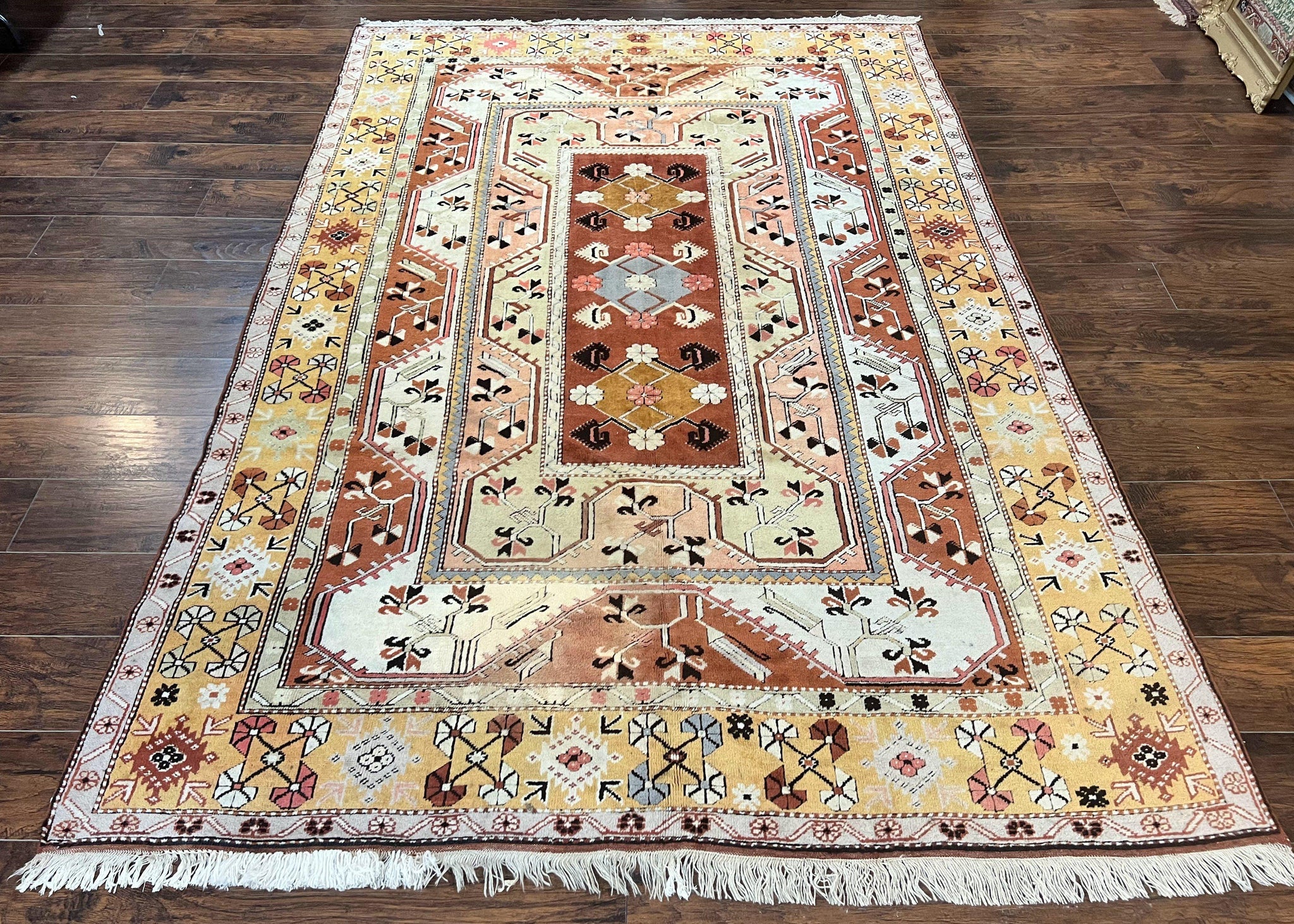 Turkish Rug 7x10, Wool Hand Knotted Vintage Carpet, Geometric Kazak Pattern by Jewel Rugs