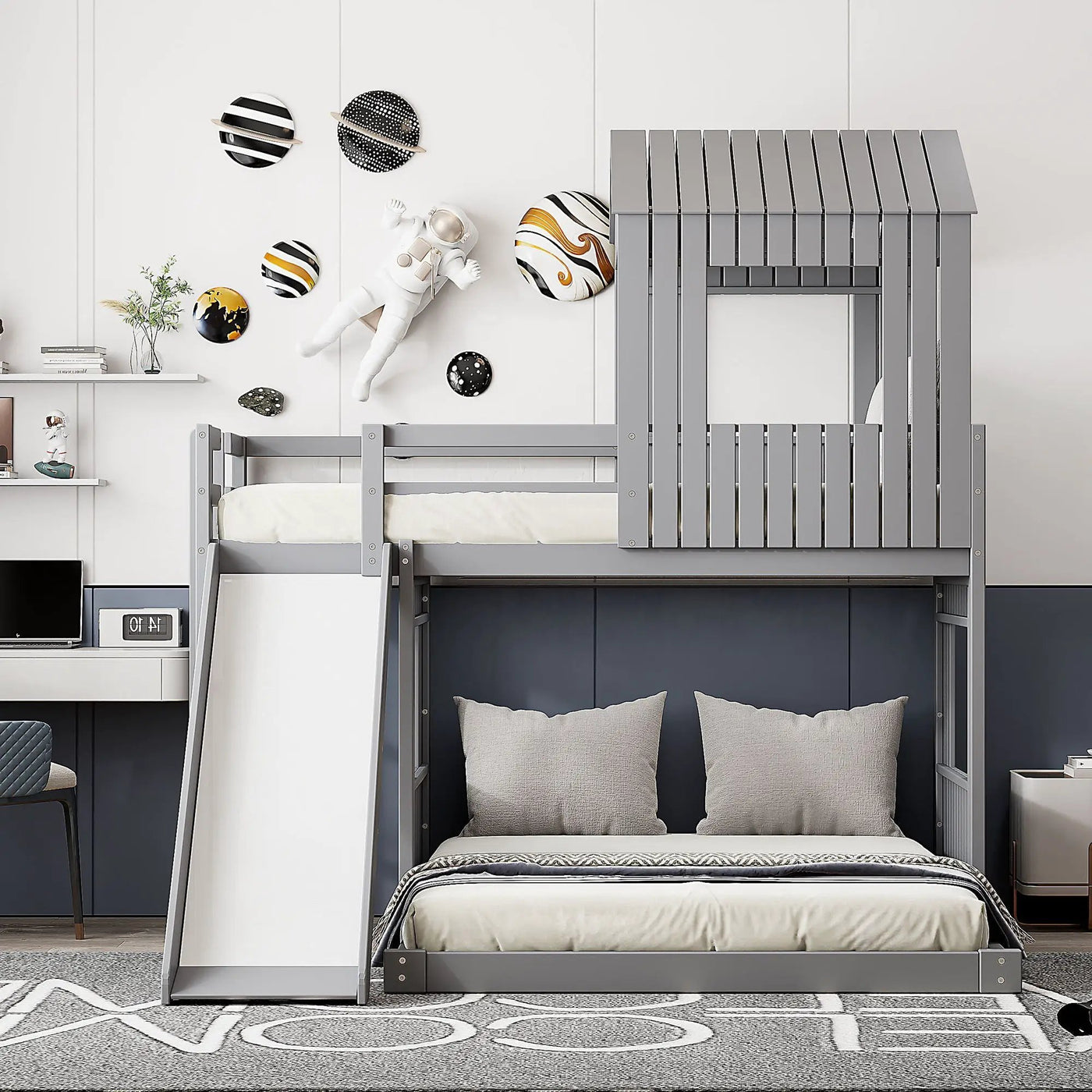 Loft Bunk Bed With Playhouse, Farmhouse, Ladder, Slide And Guardrails by Unique Piece Furniture