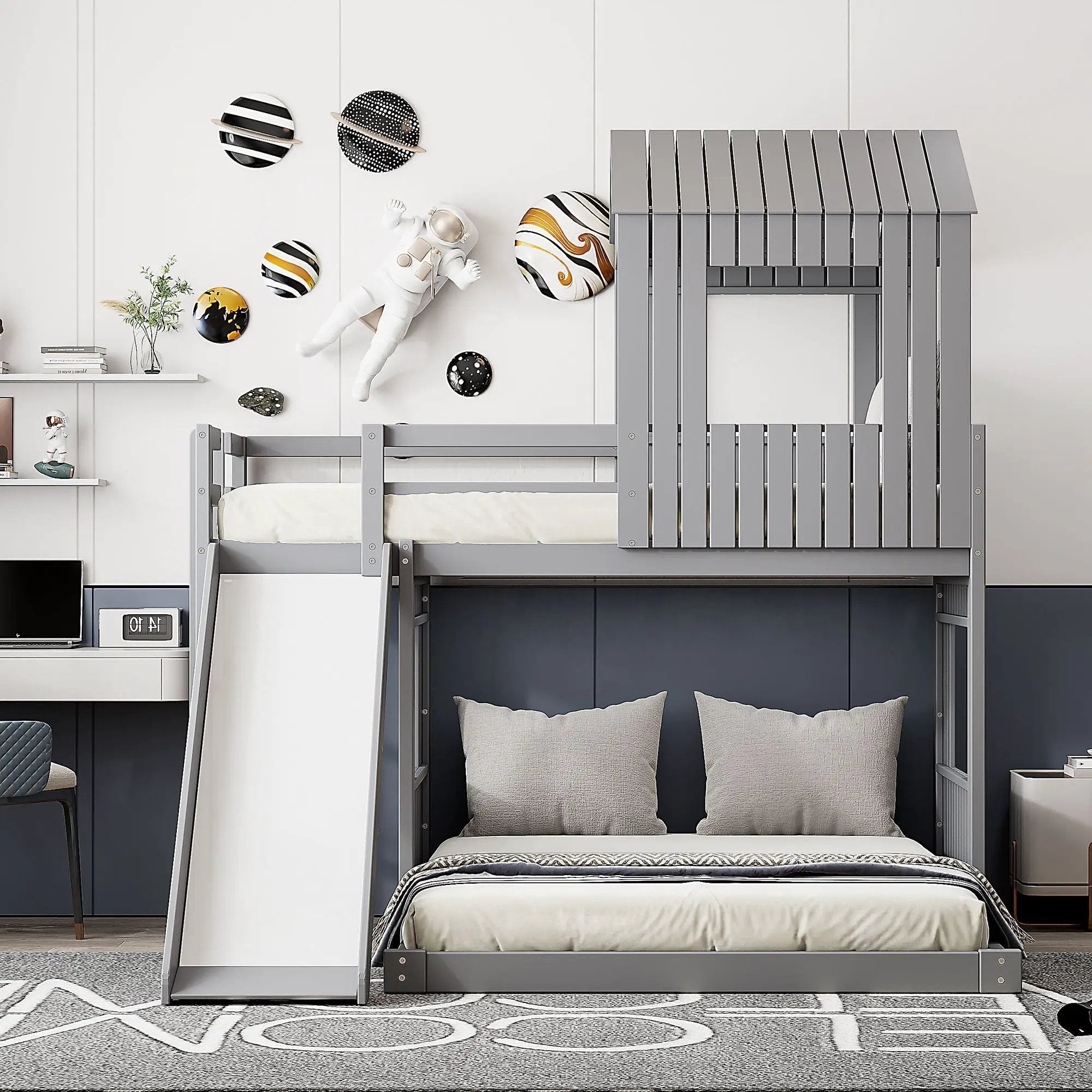 Loft Bunk Bed With Playhouse, Farmhouse, Ladder, Slide And Guardrails by HouseOfZazla
