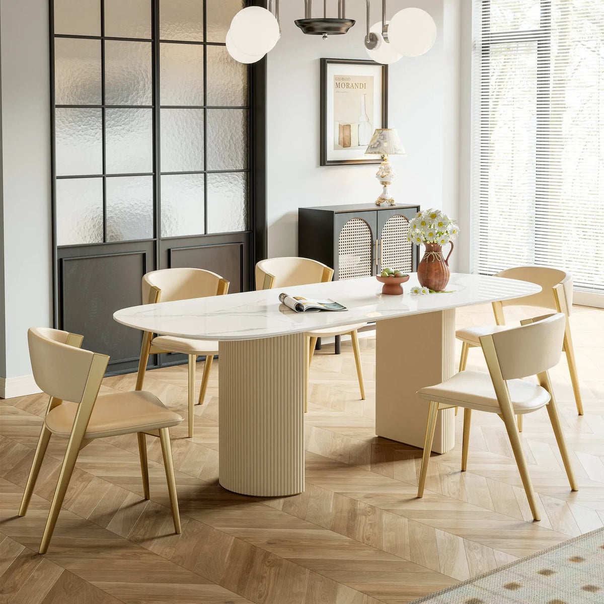 Stainless Steel Dining Table with Rock Plate and Woven Leather, photo 3 of 7