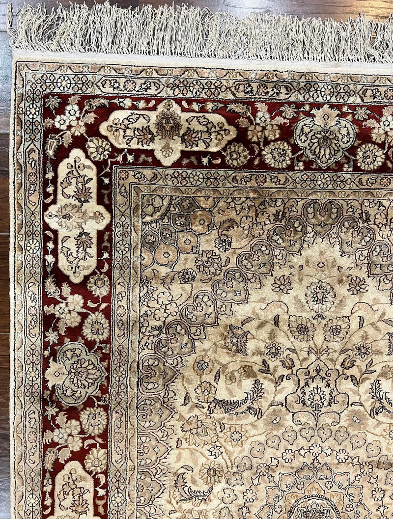 Silk Indian Kashmiri Rug 4x6 ft, Floral Medallion Hand Knotted Handmade Oriental Carpet, Vintage, Cream Burgundy, Very Fine Silk Rug 4 x 6 by Jewel Rugs