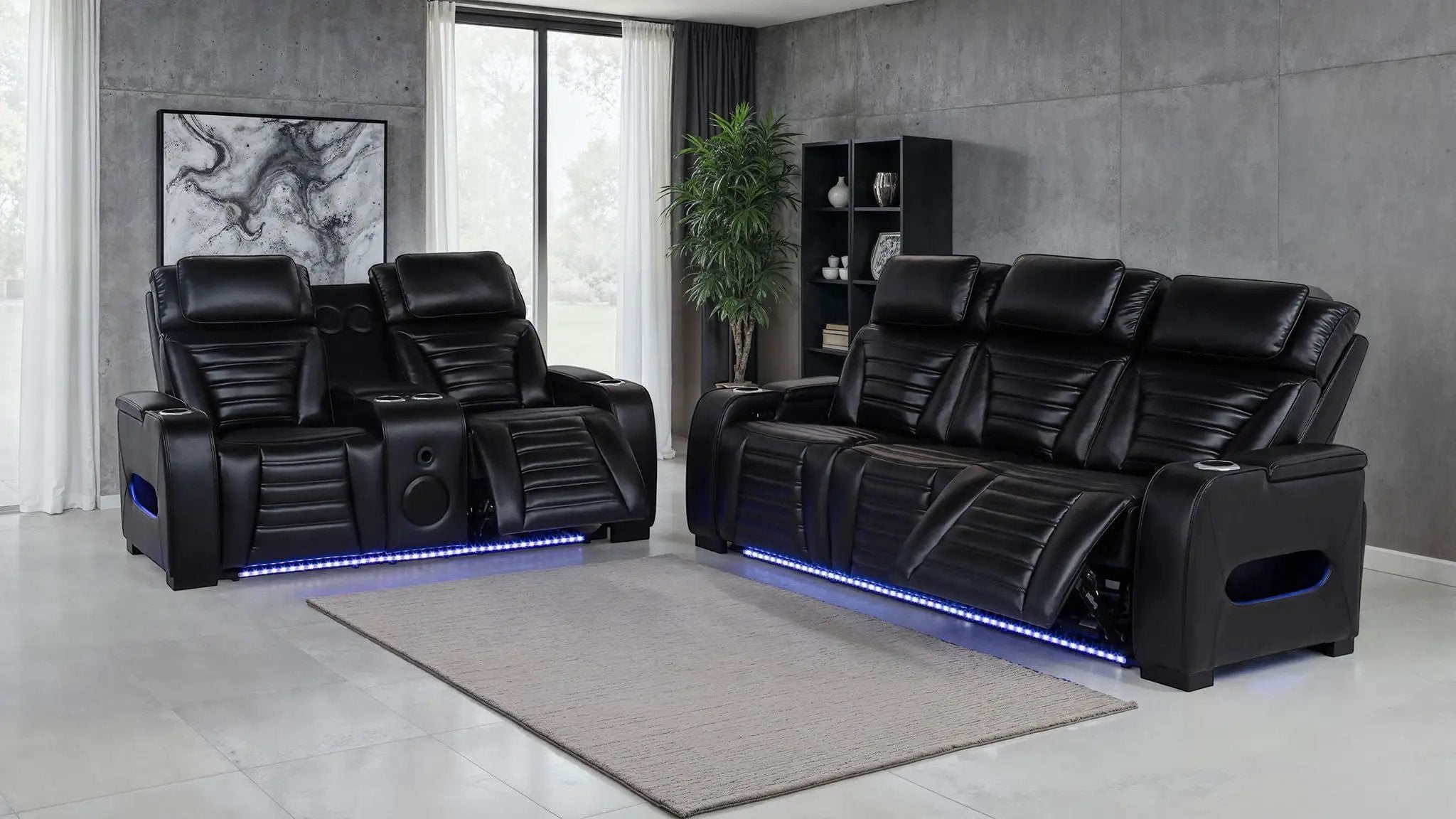 Zuma Faux Leather Dual Power Reclining LED Sofa Black by Unique Piece Furniture
