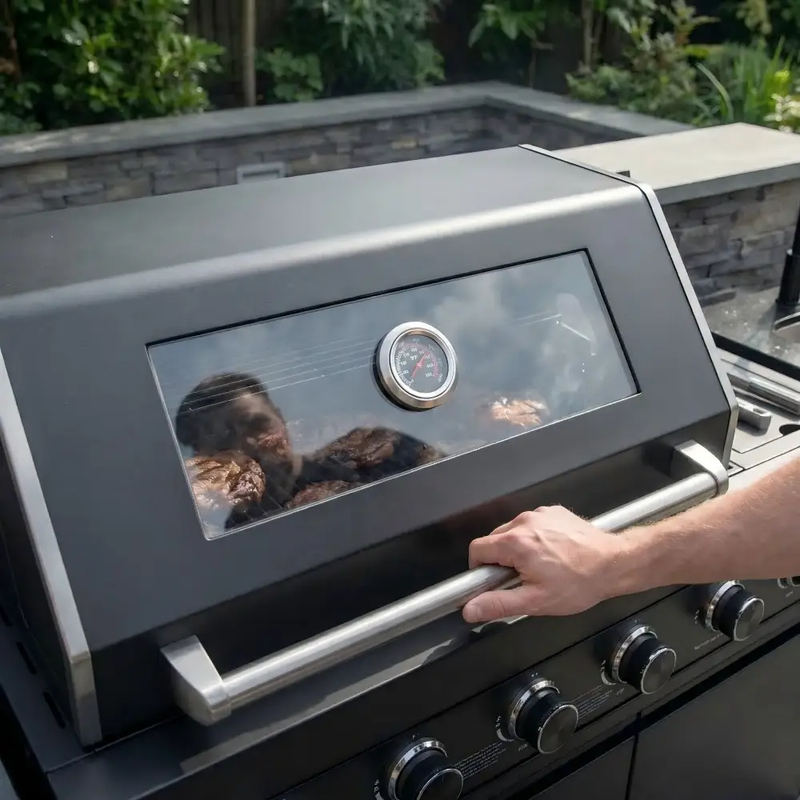 85" 4-Burner 72000 BTU Black Outdoor Kitchen Island Grill with Compact Refrigerator Marble Countertops Sink by Chery Industrial