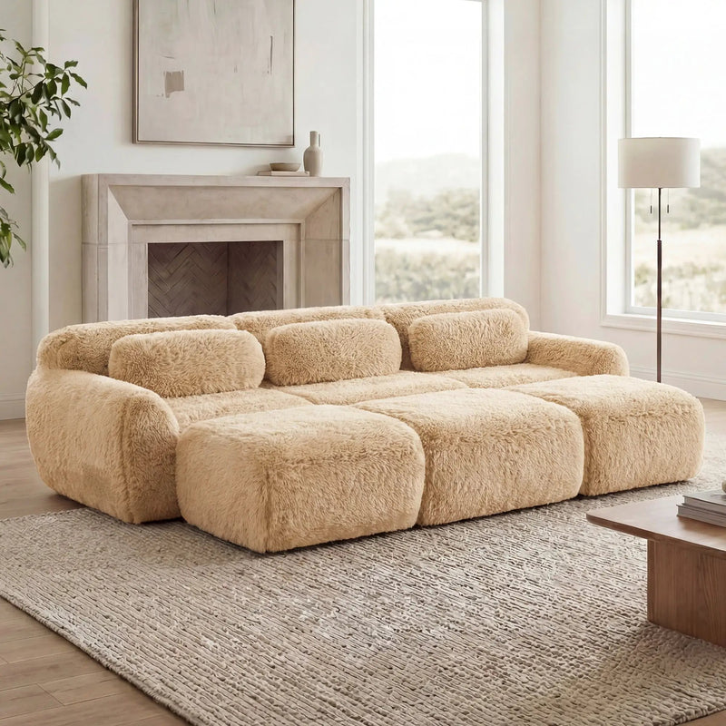 3-Seater Soft Plush Fabric Sofa With Movable Ottoman by HouseOfZazla