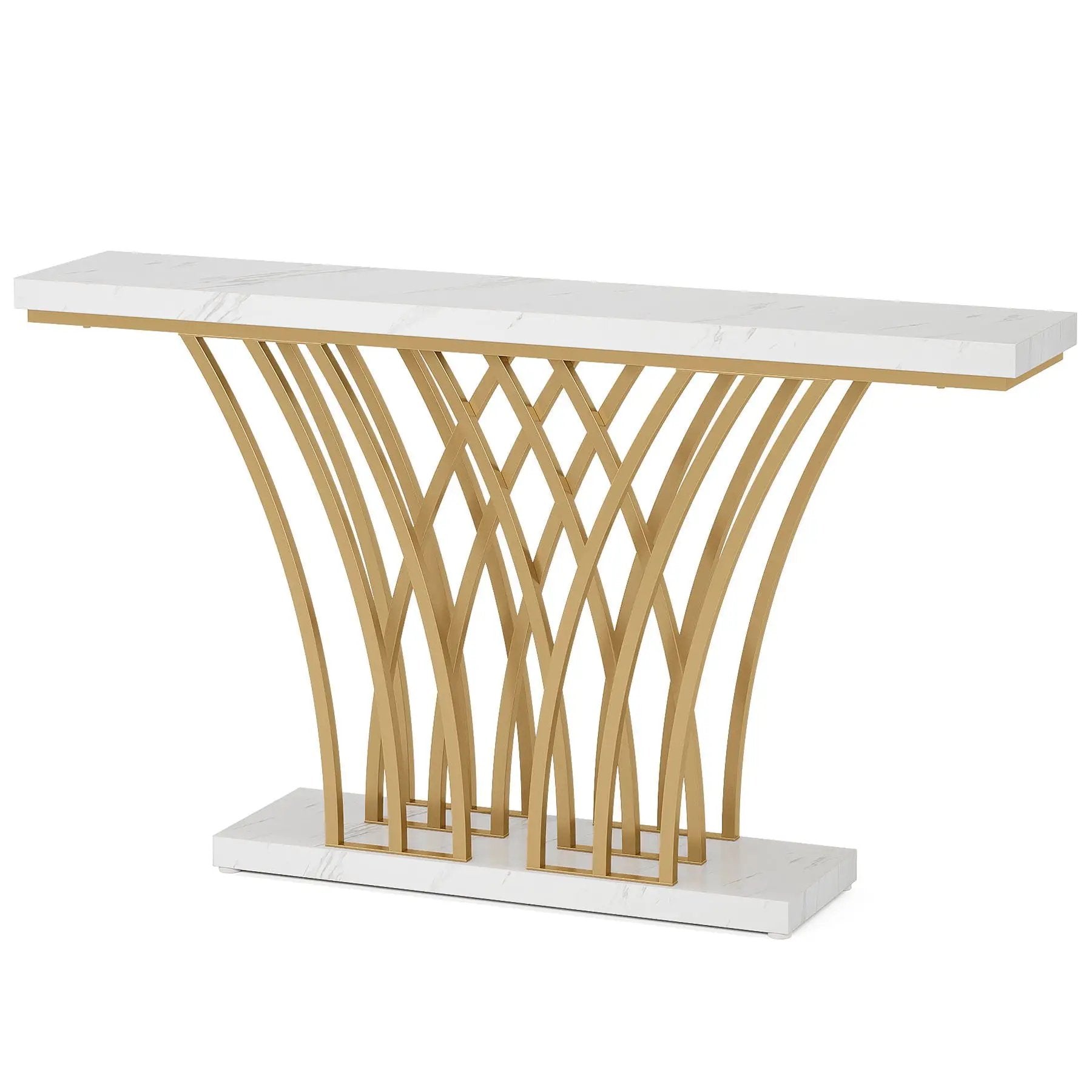 Console Table With Grid Base For Living Hallway - White / Gold by HouseOfZazla
