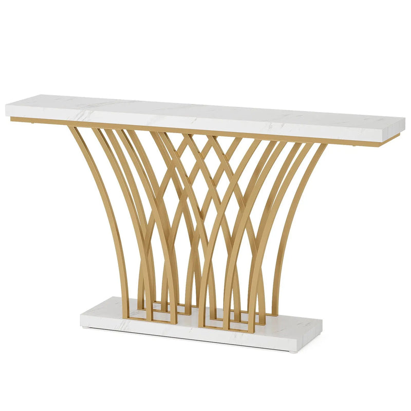 Console Table With Grid Base For Living Hallway - White / Gold by HouseOfZazla