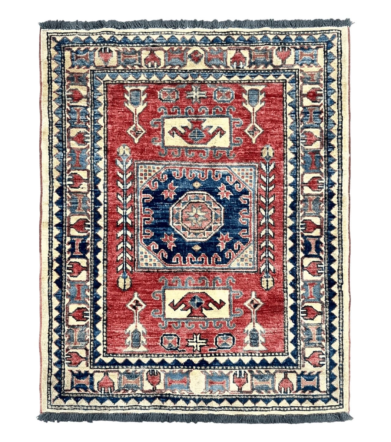 Turkish Kazak Rug 3x4, Wool Hand Knotted Small Vintage Carpet, Red Navy Blue, 3 x 4 Oriental Rug, Geometric Design by Jewel Rugs