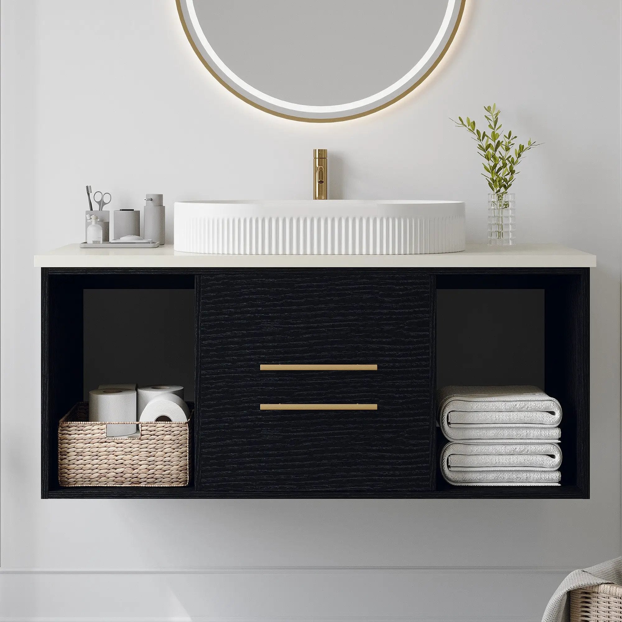 Modern 39.4-In Wall-Mounted Bathroom Vanity with Oval Ceramic Sink by HouseOfZazla