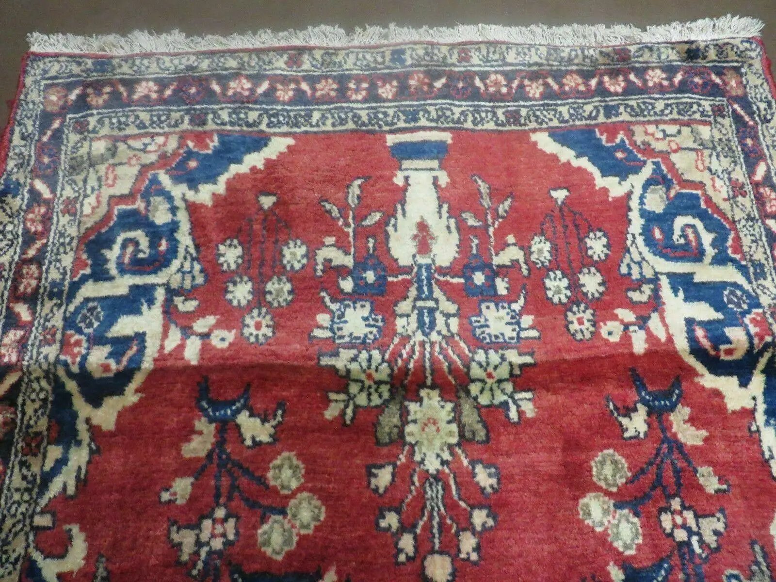 Persian Runner Rug 3 x 12, Antique Wool Oriental Runner, Floral Vases, Red & Navy Blue by Jewel Rugs