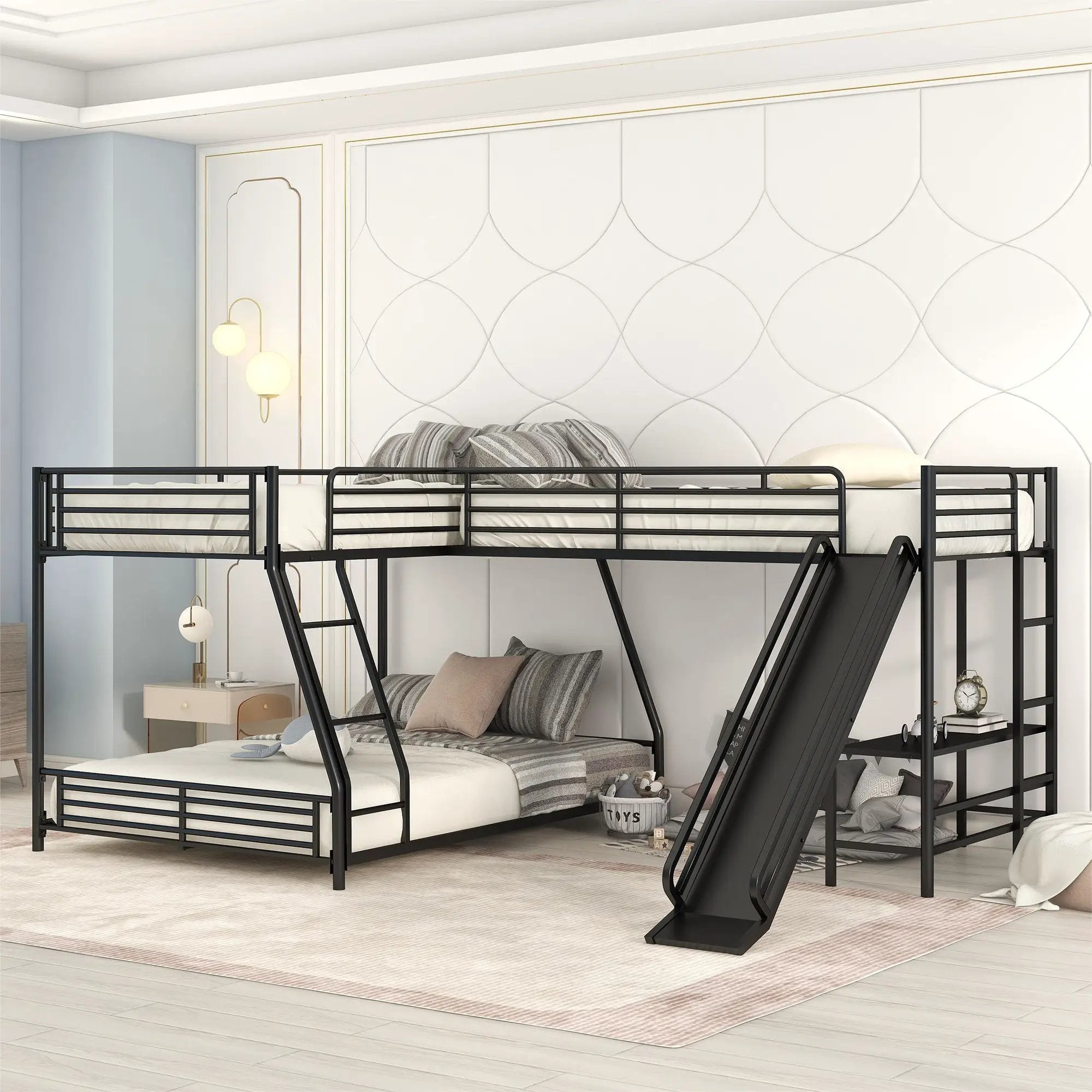 L-Shaped Twin Over Full Bunk Bed With Twin Loft, Built In Desk And Slide - Black by Unique Piece Furniture