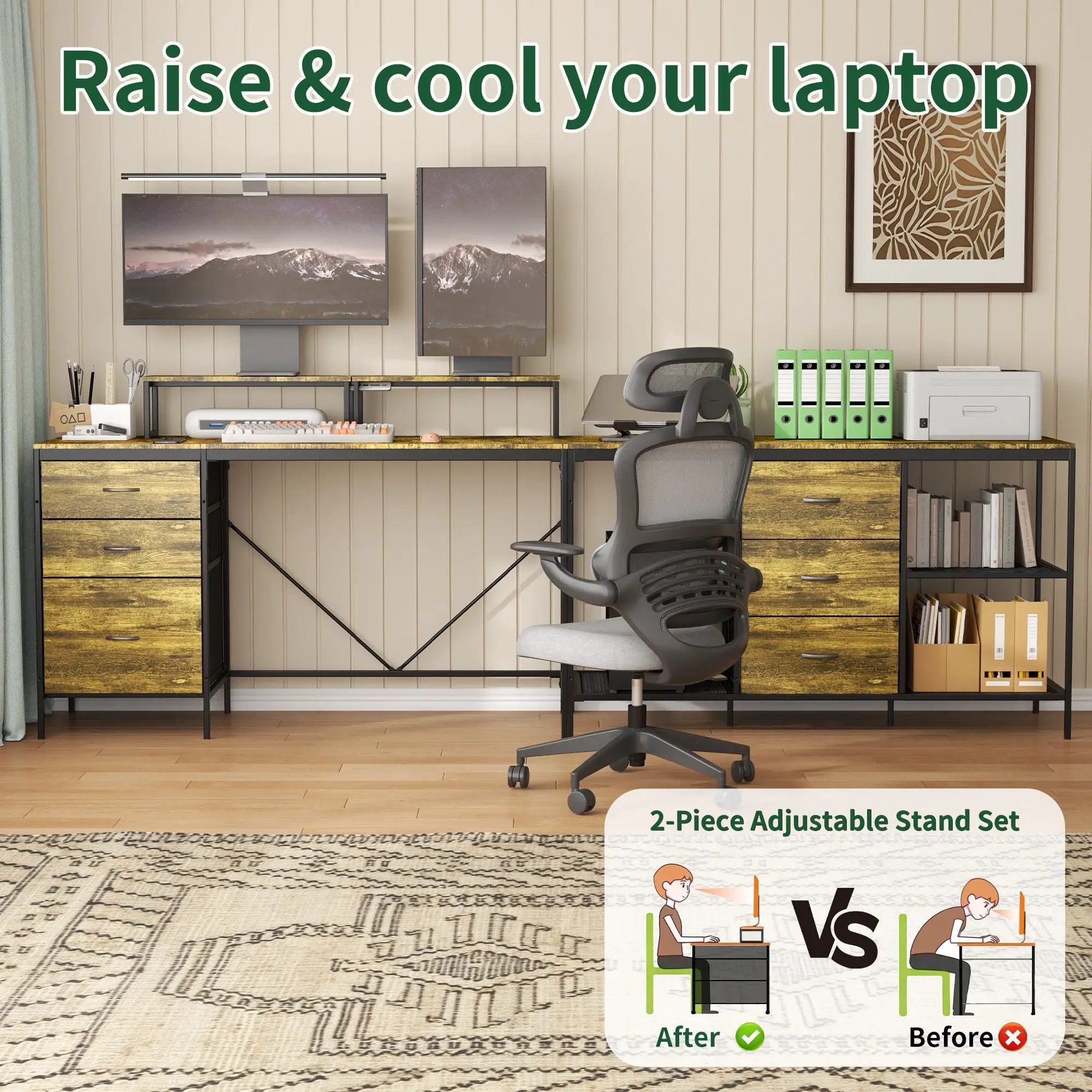 Industrial L Shaped Desk With Power Hub With 6 Drawers And Adjustable Monitor Stands - Brown by HouseOfZazla