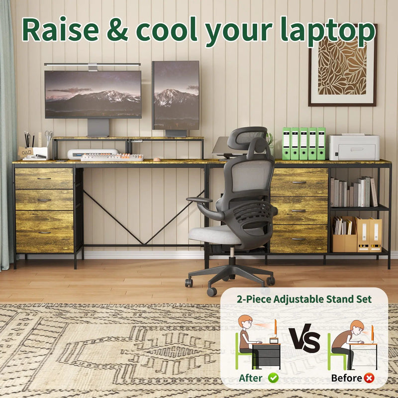 Industrial L Shaped Desk With Power Hub With 6 Drawers And Adjustable Monitor Stands - Brown by HouseOfZazla