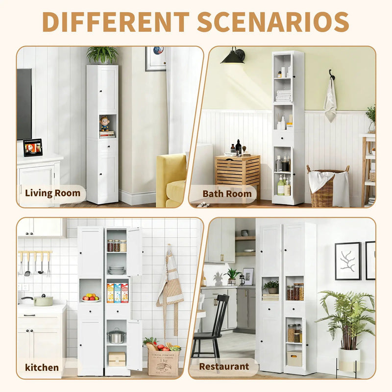 Tall Bathroom Storage Cabinet, 5-Tier Narrow With 2 Doors & Adjustable Shelves, Freestanding - White by Unique Piece Furniture