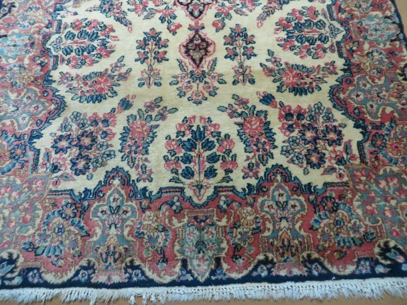 Antique Persian Kirman Rug 3.9 x 6.6, Floral Oriental Carpet, Ivory/Cream - Blue - Pink, Hand Knotted Wool Rug, Floral Medallion Rug 4x6 by Jewel Rugs
