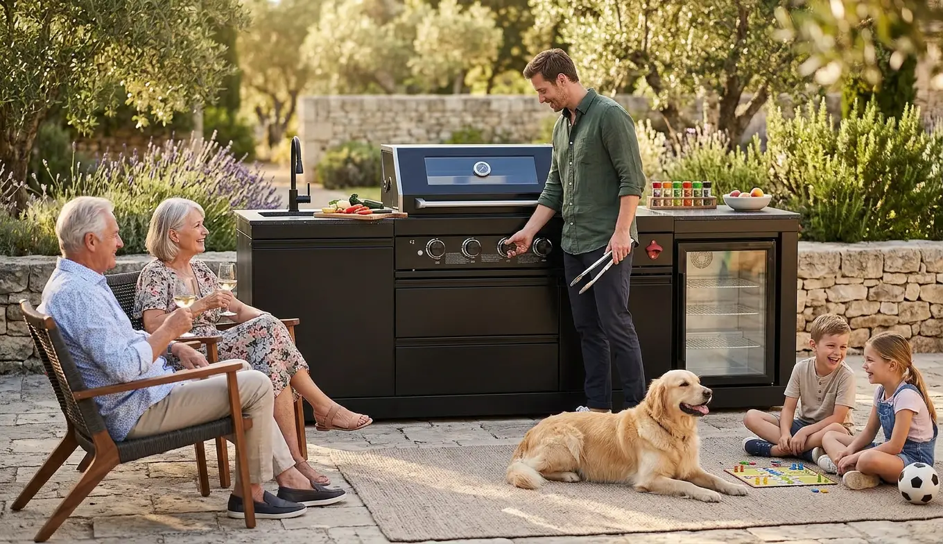 85" 4-Burner 72000 BTU Black Outdoor Kitchen Island Grill with Compact Refrigerator Marble Countertops Sink by Chery Industrial