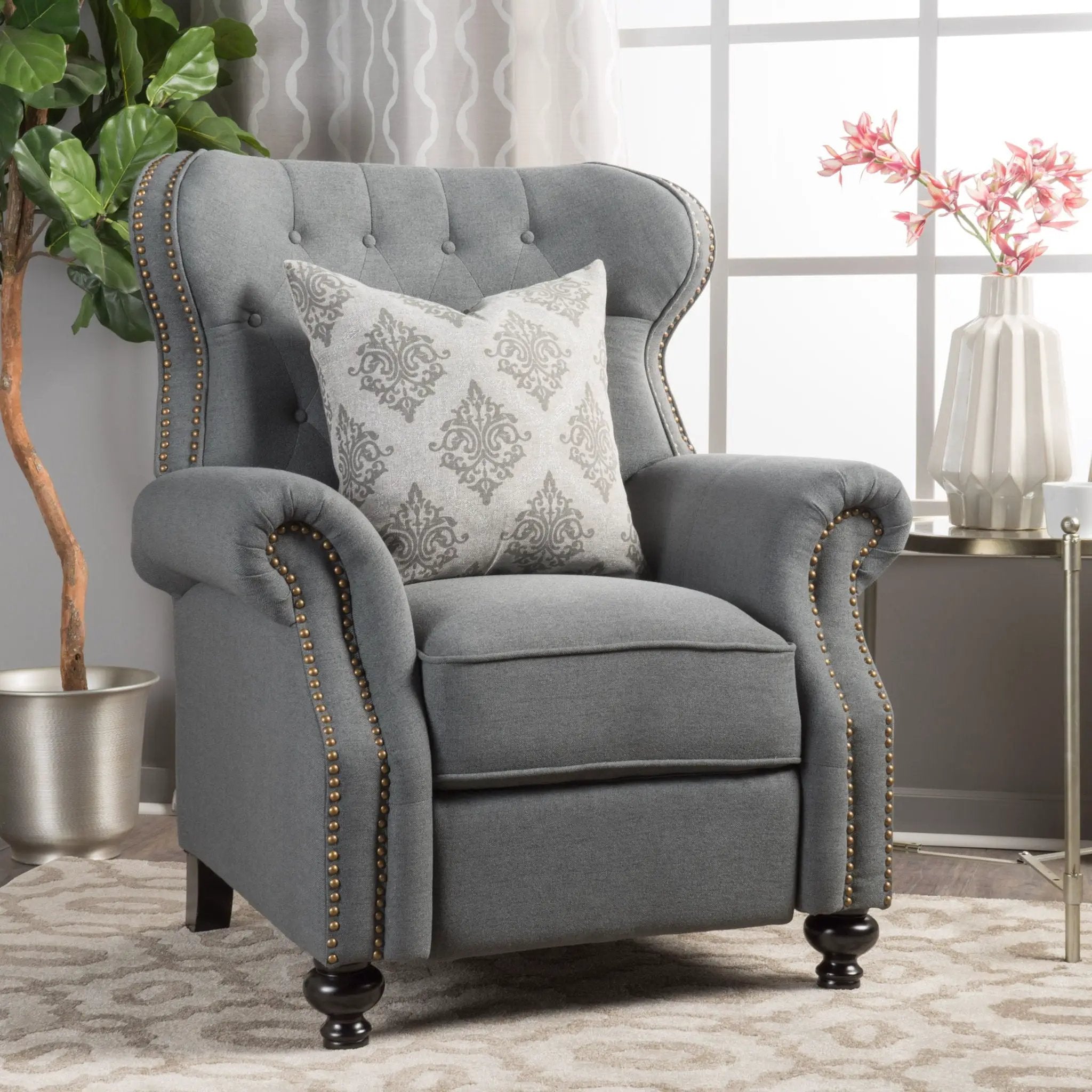 Accented Push Back Recliner Chair With Rolled Arms, Enjoy Cocooning Comfort by Unique Piece Furniture