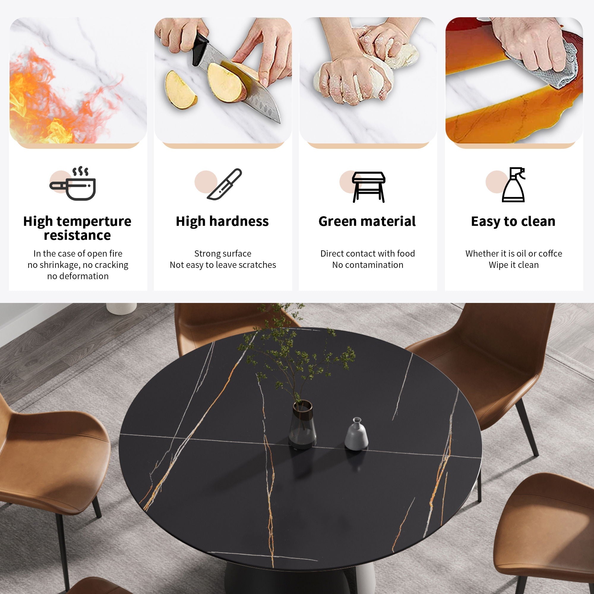 Modern Artificial Stone Round Carbon Steel Base Dining Table, Can Accommodate 6 People - Black by HouseOfZazla