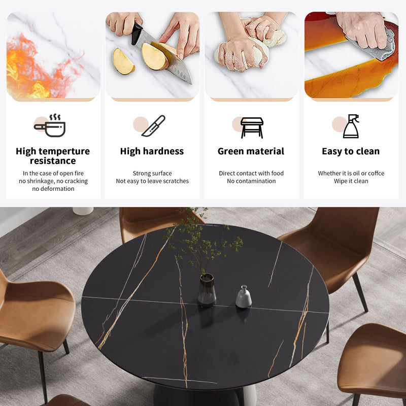 Modern Artificial Stone Round Carbon Steel Base Dining Table, Can Accommodate 6 People - Black by HouseOfZazla