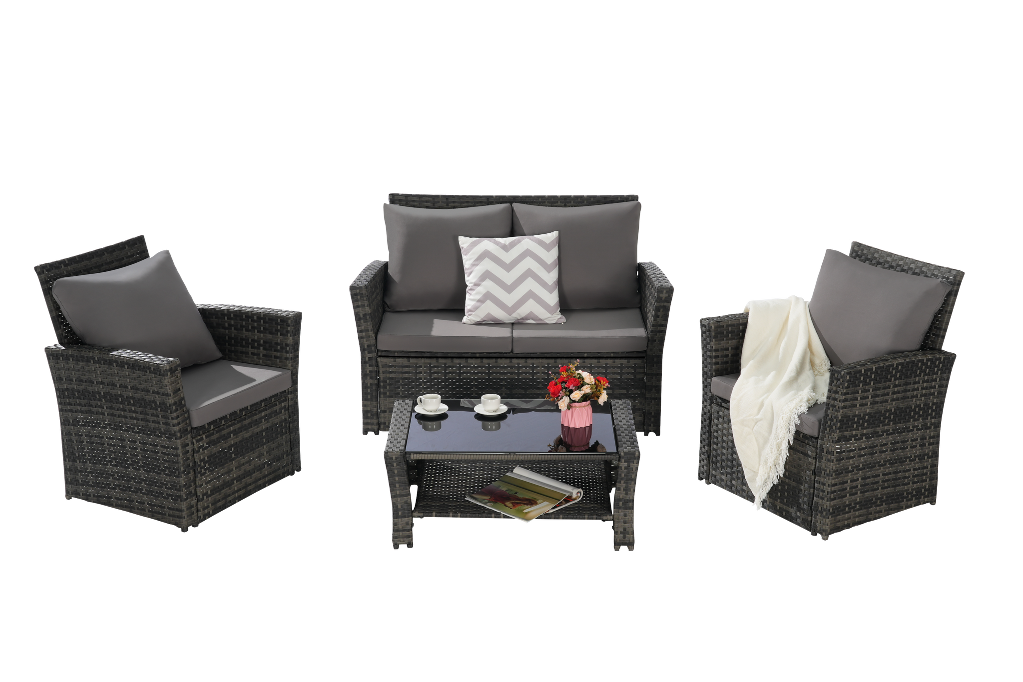 4 Pieces Outdoor Patio Furniture Sets Garden Rattan Chair Wicker Set by HouseOfZazla