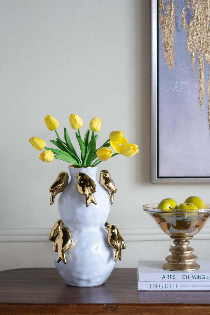 8.5x8.5x14 White Two-Tiered Ceramic Vase with Gold Bird Accents by HouseOfZazla