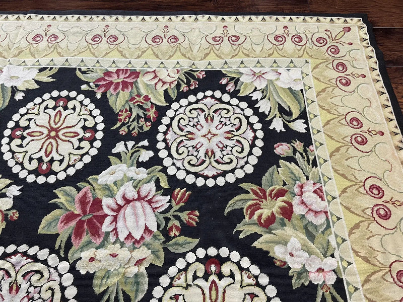9x12 Black Needlepoint Rug, European Floral Panel Design, Handwoven, Vintage Chinese Needlepoint, Black Green Beige, Wool Rug 9 x 12 by Jewel Rugs