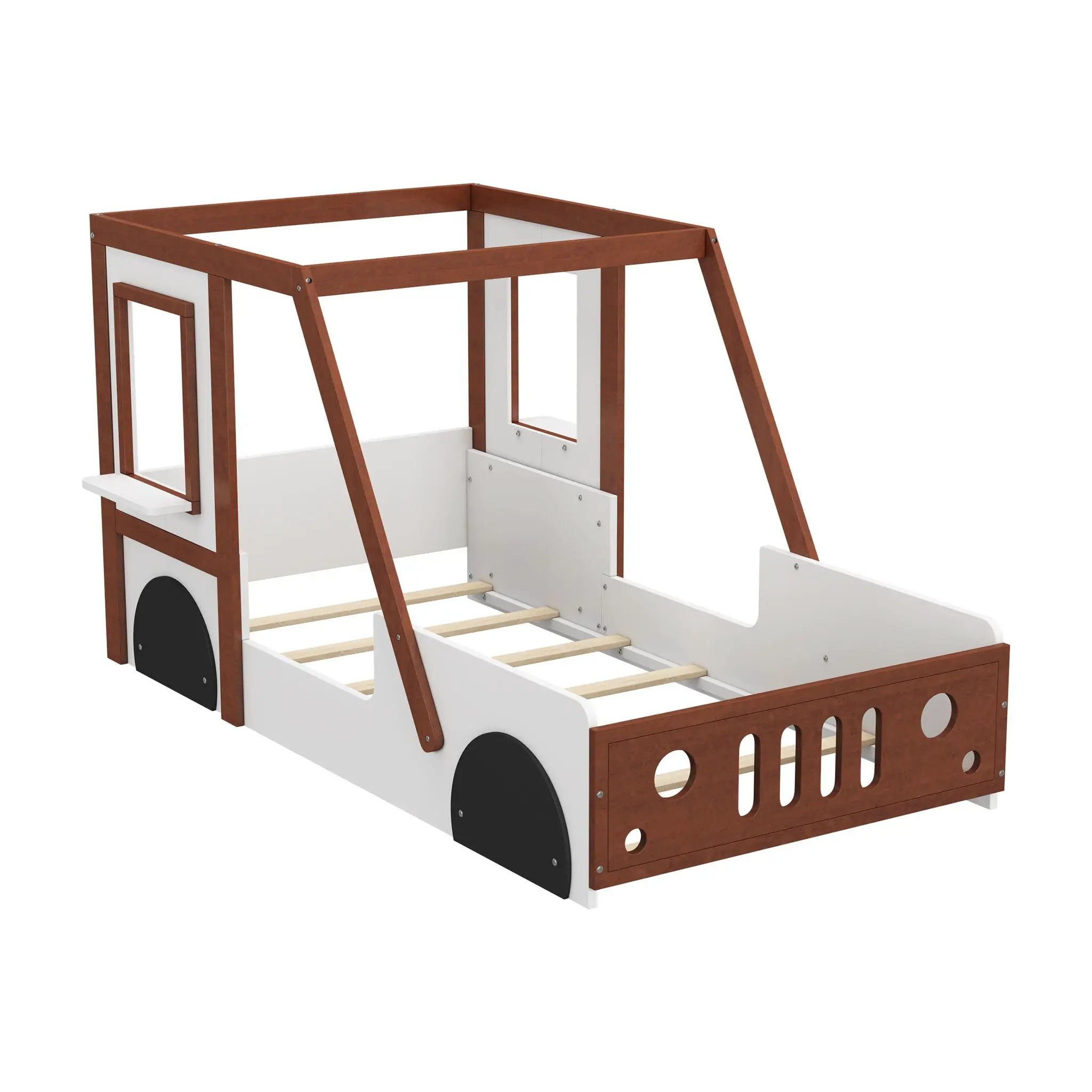 Fun Play Design Twin Size Car Bed, Kids Platform Bed In Car Shaped For Kids Boys Girls Teens - White / Orange by Unique Piece Furniture