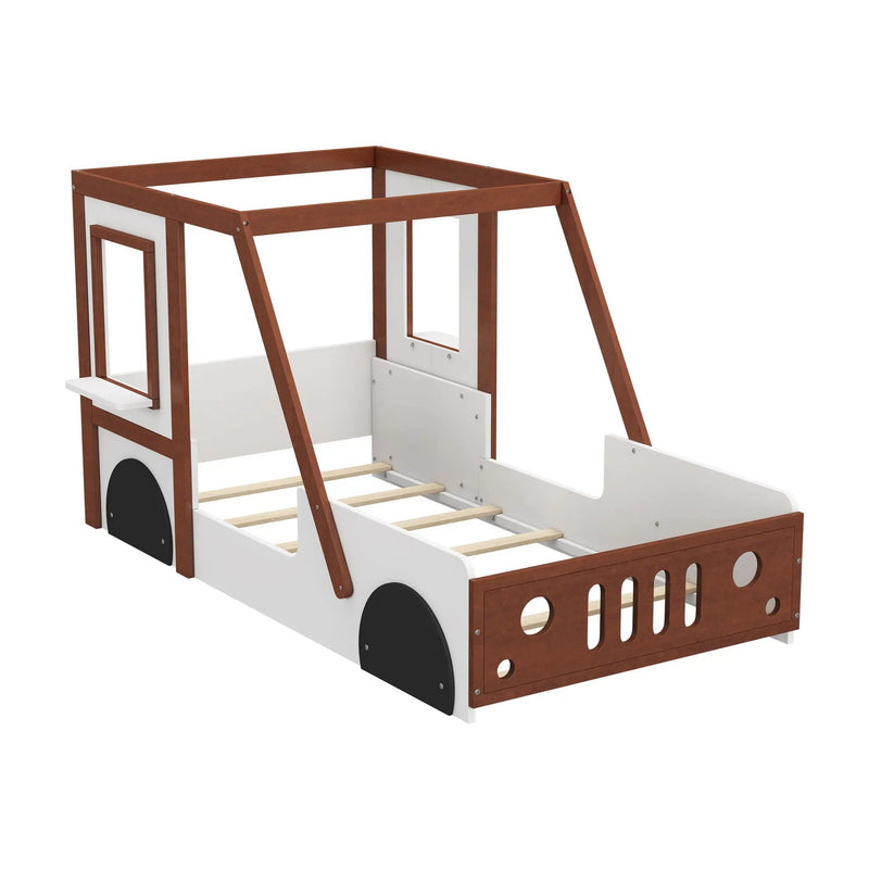 Fun Play Design Twin Size Car Bed, Kids Platform Bed In Car Shaped For Kids Boys Girls Teens - White / Orange by HouseOfZazla