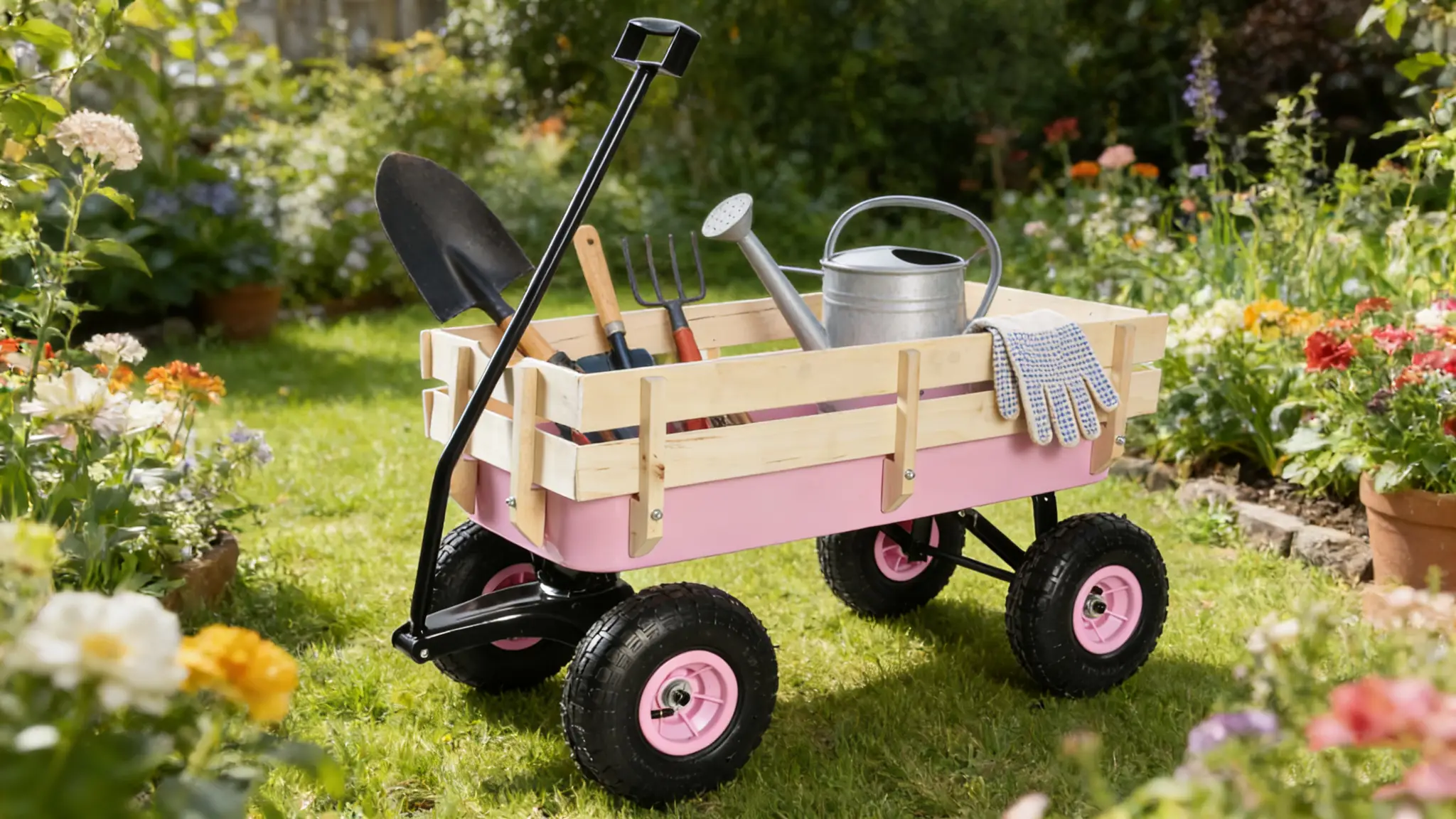 Outdoor All Terrain Garden Wagon with Wooden Railings and Pneumatic Tires by HouseOfZazla