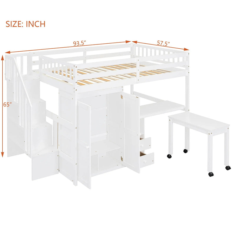 Loft Bed With Stairs, Bookshelf, Drawers, Desk & Wardrobe, Space Saving Multifunctional Furniture by HouseOfZazla
