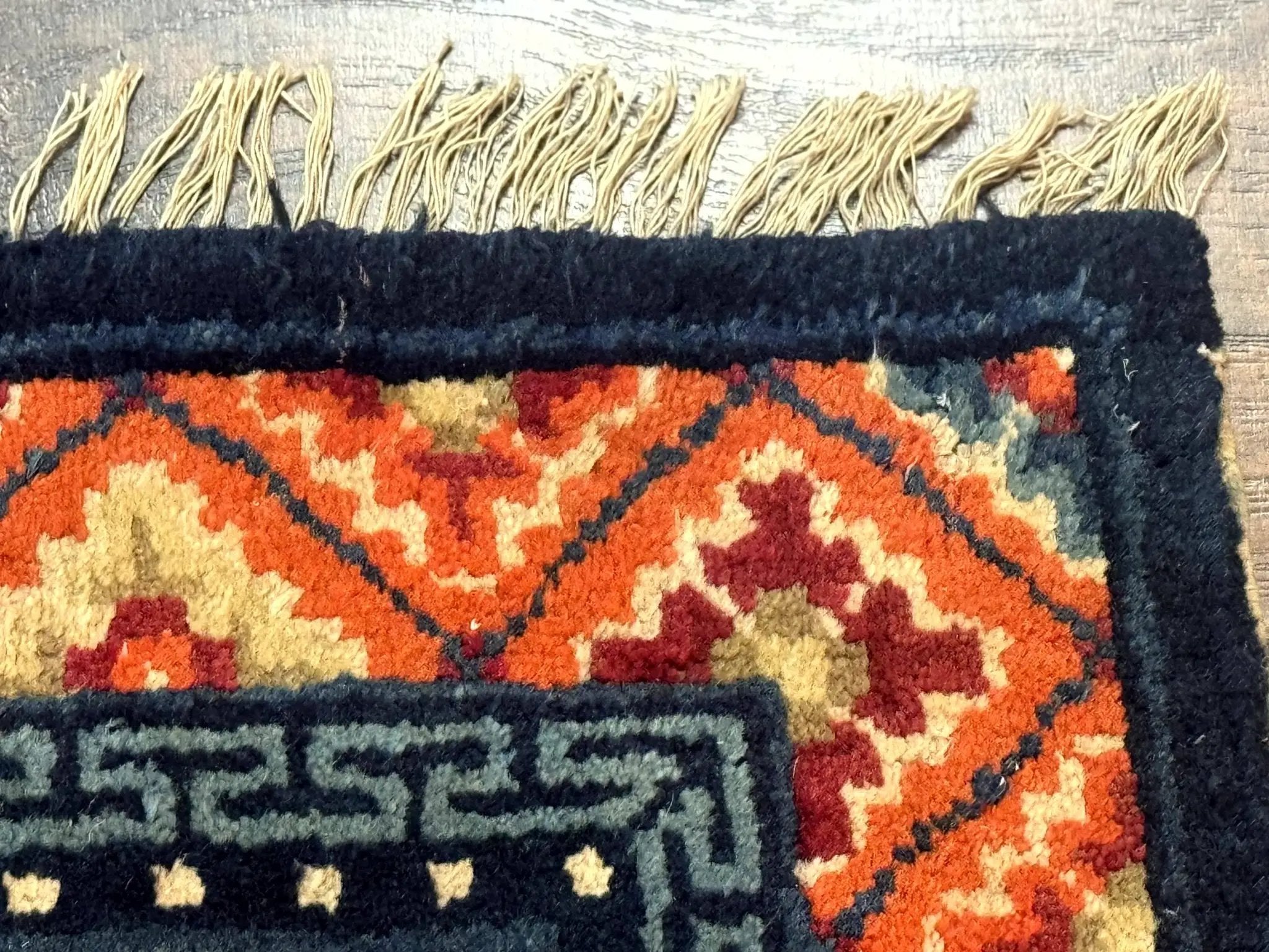 Small Antique Chinese Square Rug 2x3, Tibetan Rug, Red Orange Blue, 1920s Rug by Jewel Rugs