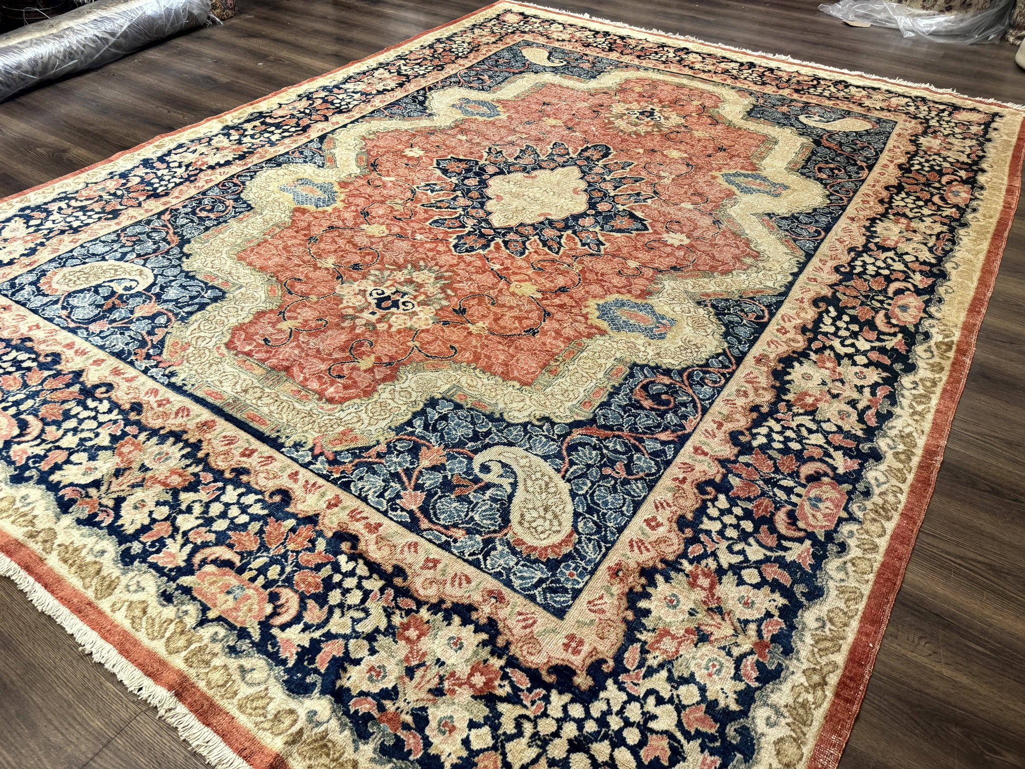 Antique Persian Sarouk Rug 9x12, Boteh Paisleys, Light Red Navy Blue by Jewel Rugs
