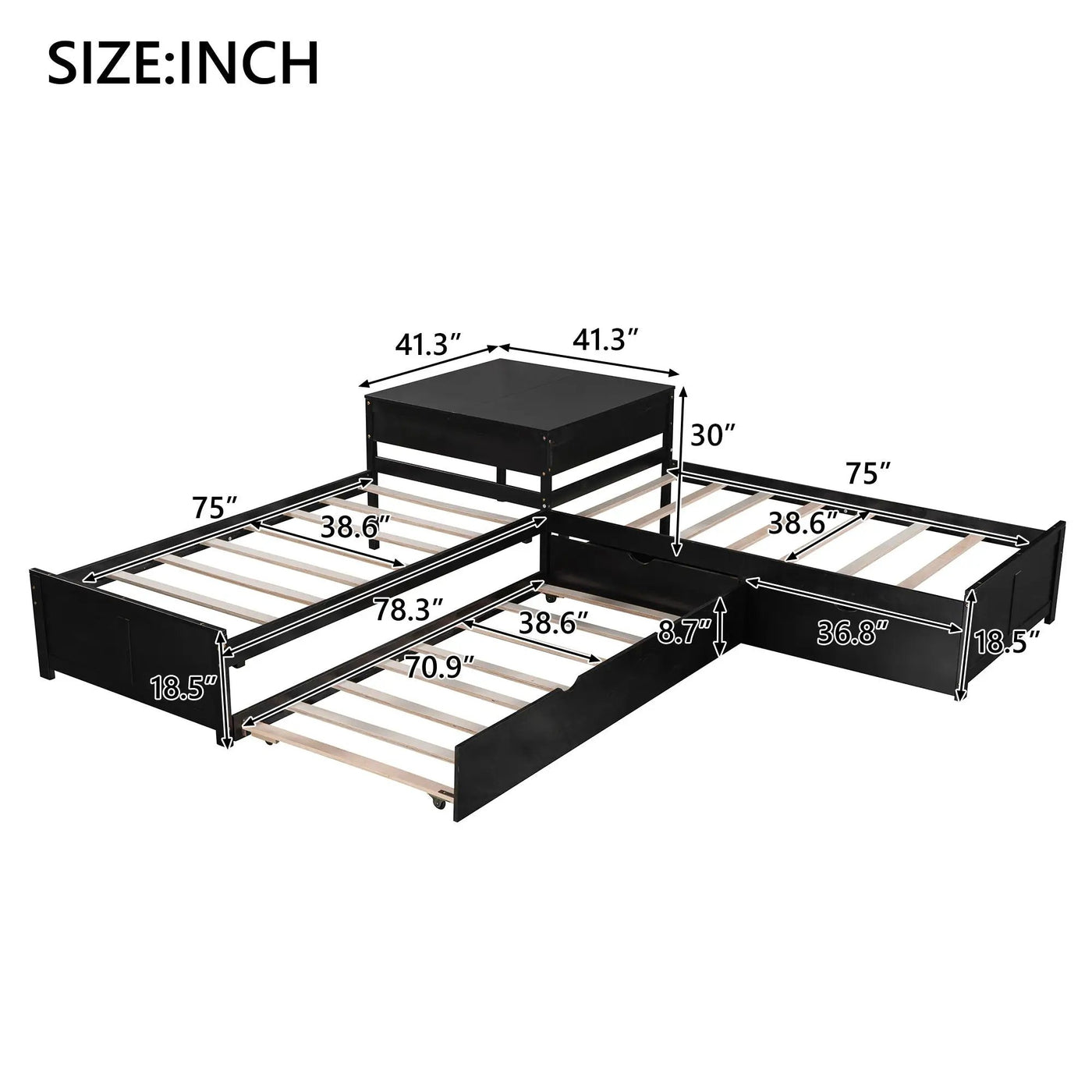 L Shaped Platform Bed With Trundle And Drawers Linked With Built In Desk by Unique Piece Furniture