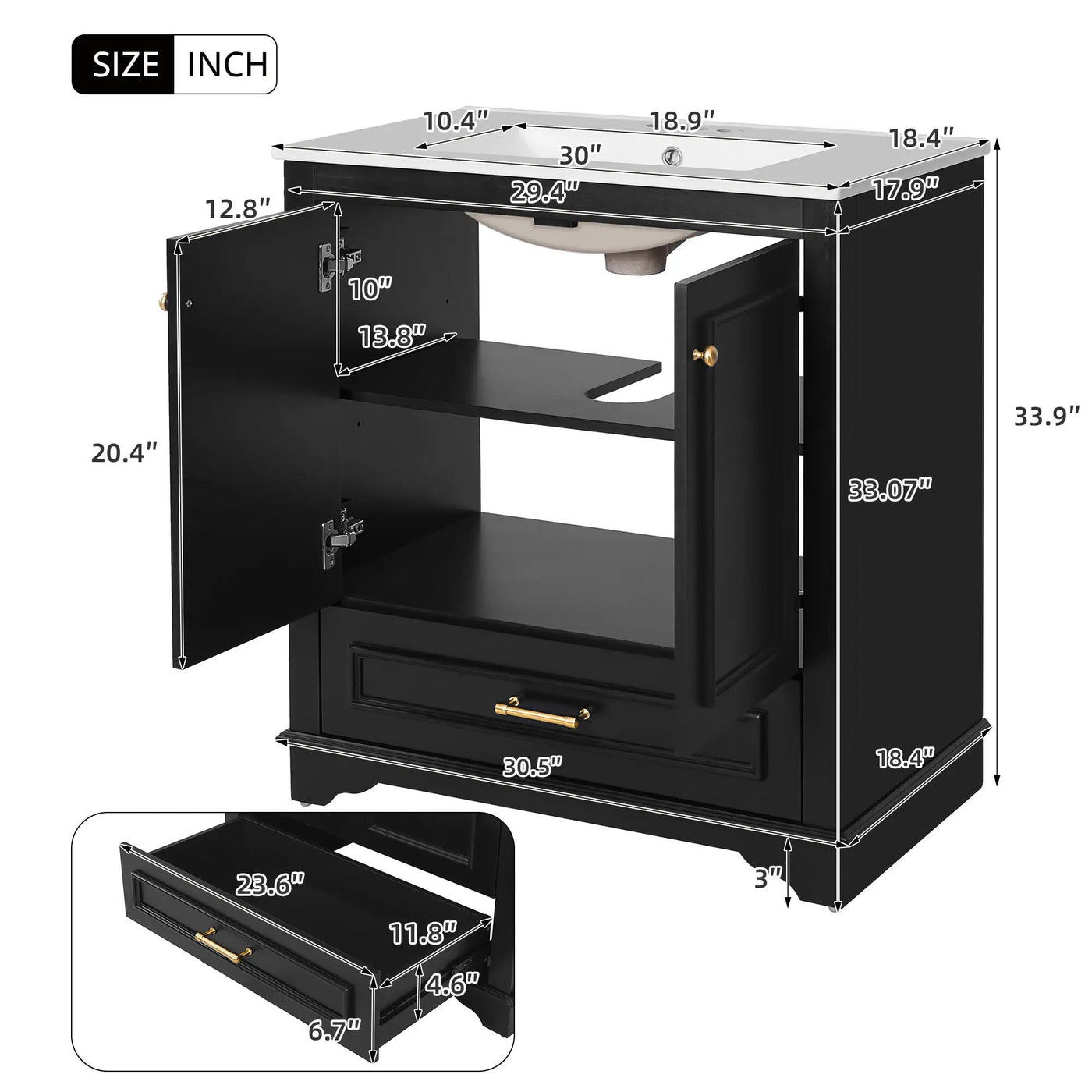 Bathroom Vanity With Sink, Cabinet & 2 Soft Closing Doors & Adjustable Shelf by Unique Piece Furniture