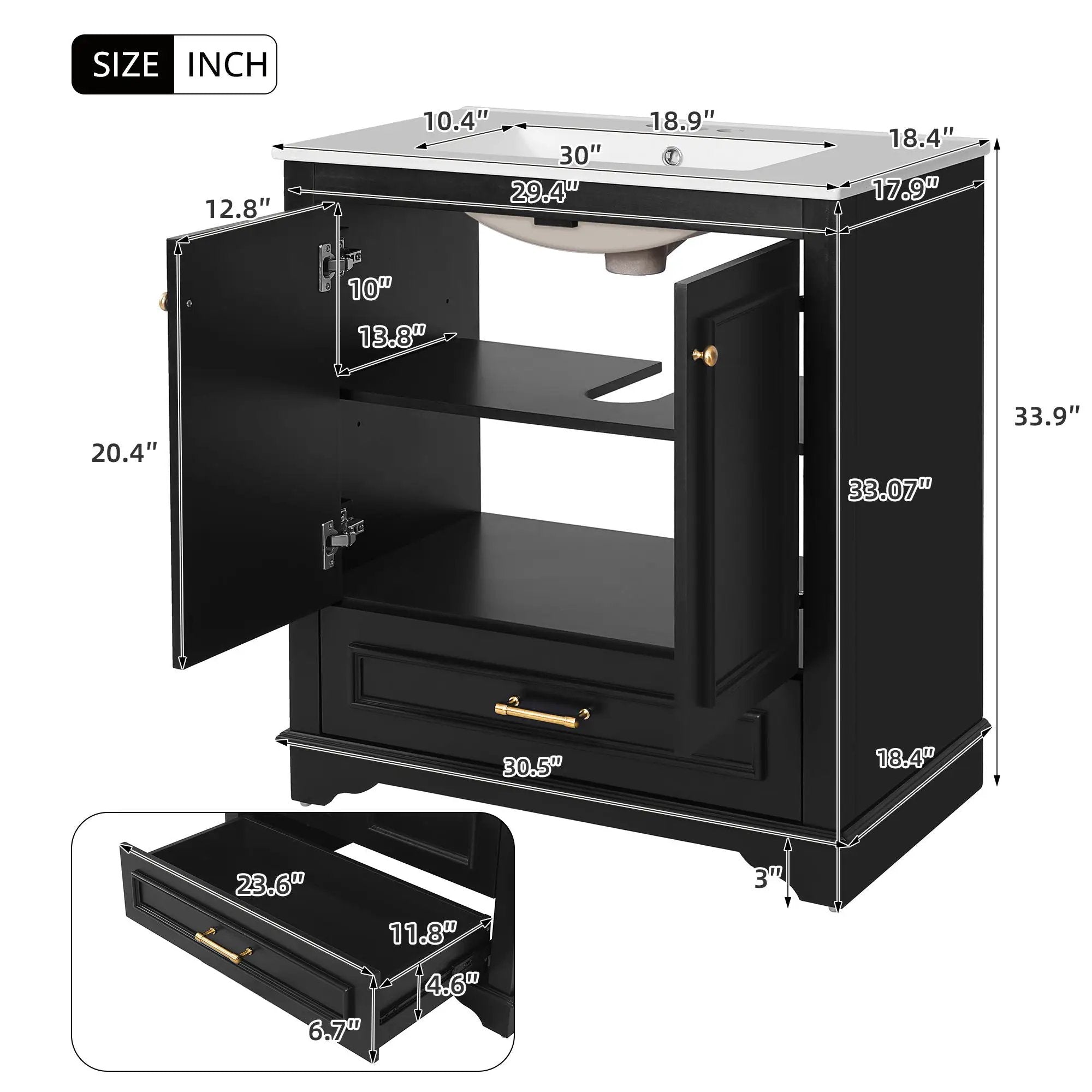 Bathroom Vanity With Sink, Cabinet & 2 Soft Closing Doors & Adjustable Shelf by Unique Piece Furniture
