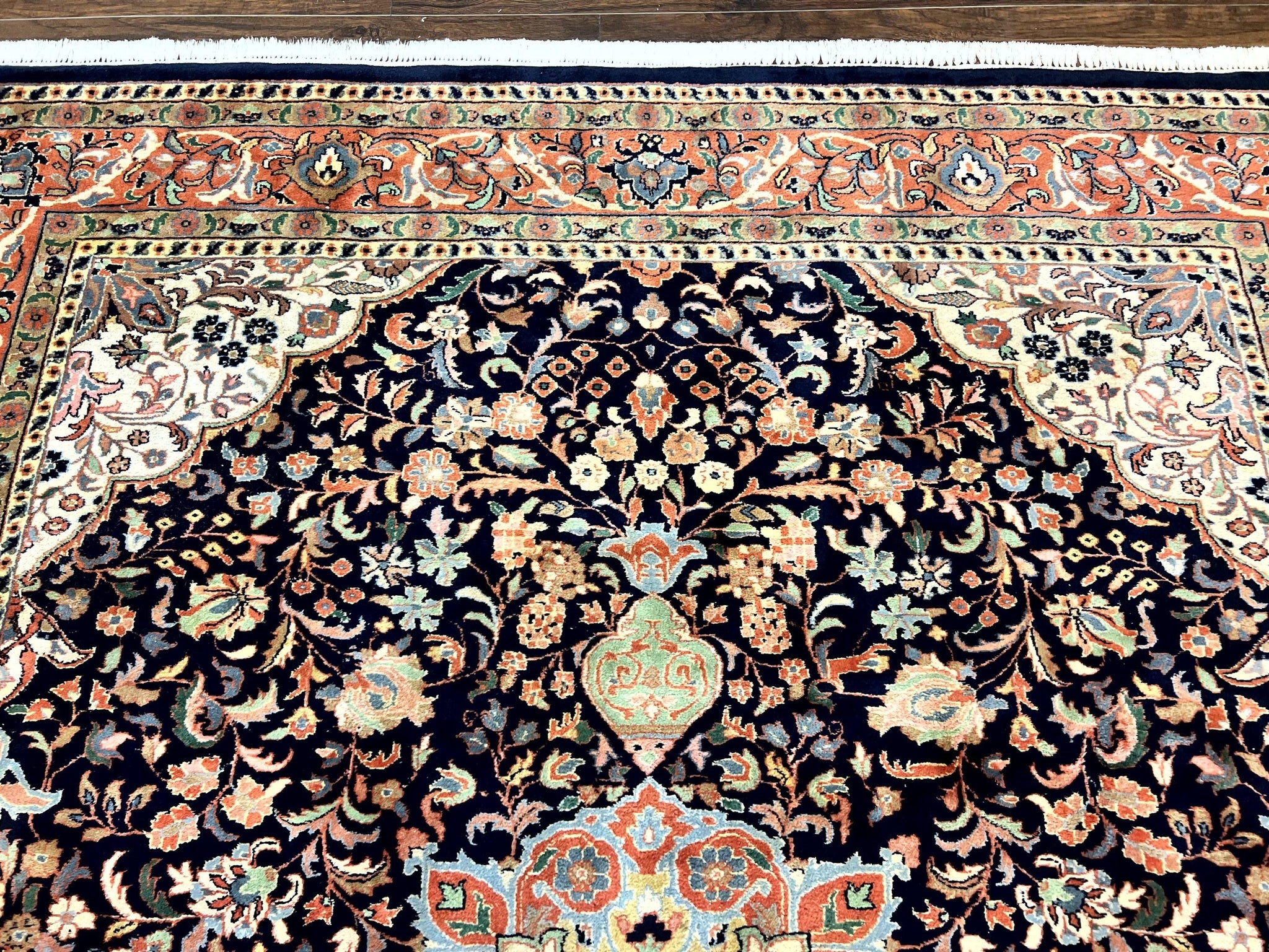Indo Persian Rug 8x10, Midnight Blue & Red, Handmade Vintage Wool Carpet, Floral Medallion by Jewel Rugs