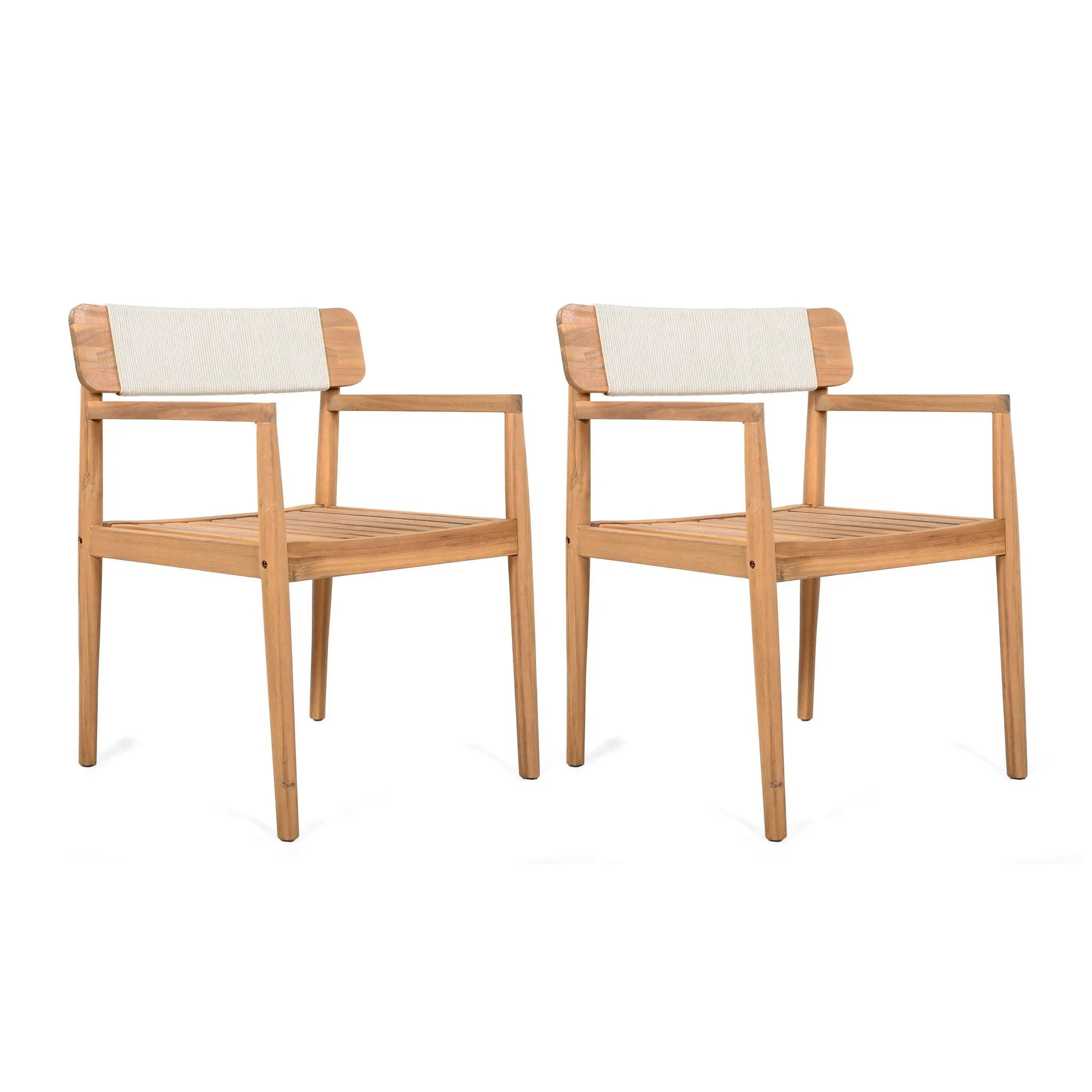 Creative Braided Acacia Wood Outdoor Dining Chairs with Armrests (Set of 2) - Teak / White by HouseOfZazla