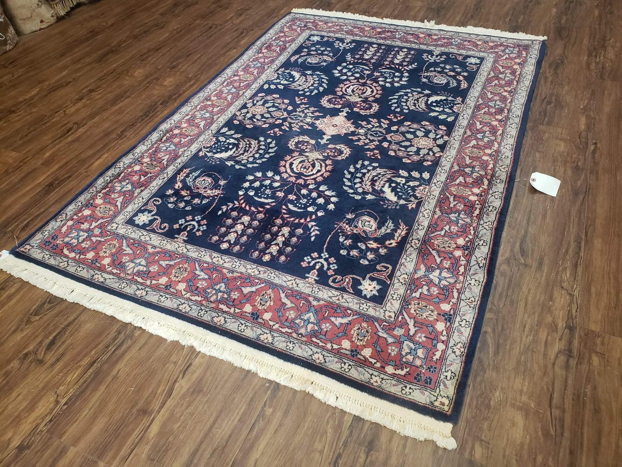 Dark Blue Indo Persian Rug 4x6, Medium Size Hand Knotted Oriental Carpet, Traditional Floral Indian Rug, Blue and Red Entryway Rug, Wool Rug by Jewel Rugs