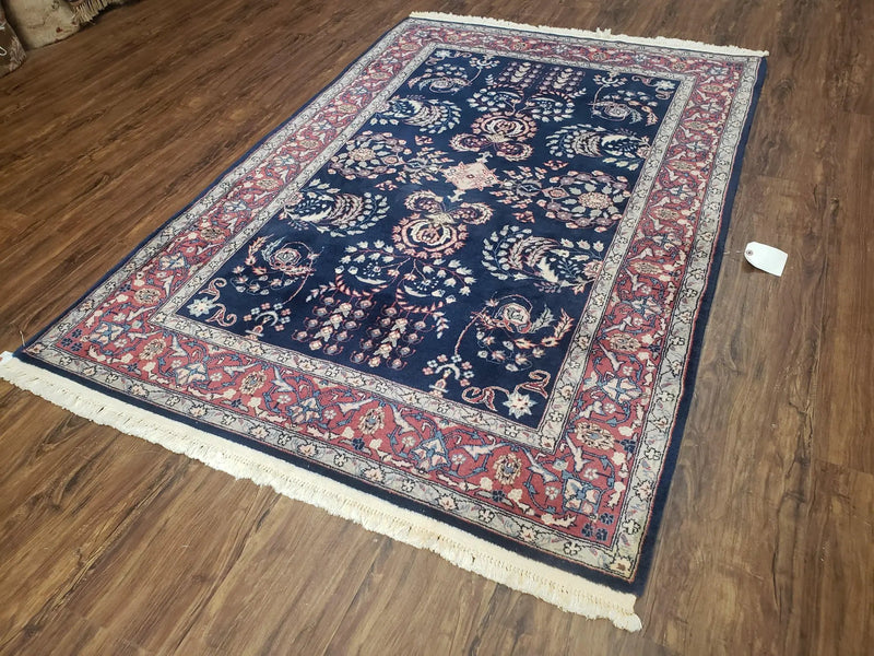 Dark Blue Indo Persian Rug 4x6, Medium Size Hand Knotted Oriental Carpet, Traditional Floral Indian Rug, Blue and Red Entryway Rug, Wool Rug by Jewel Rugs
