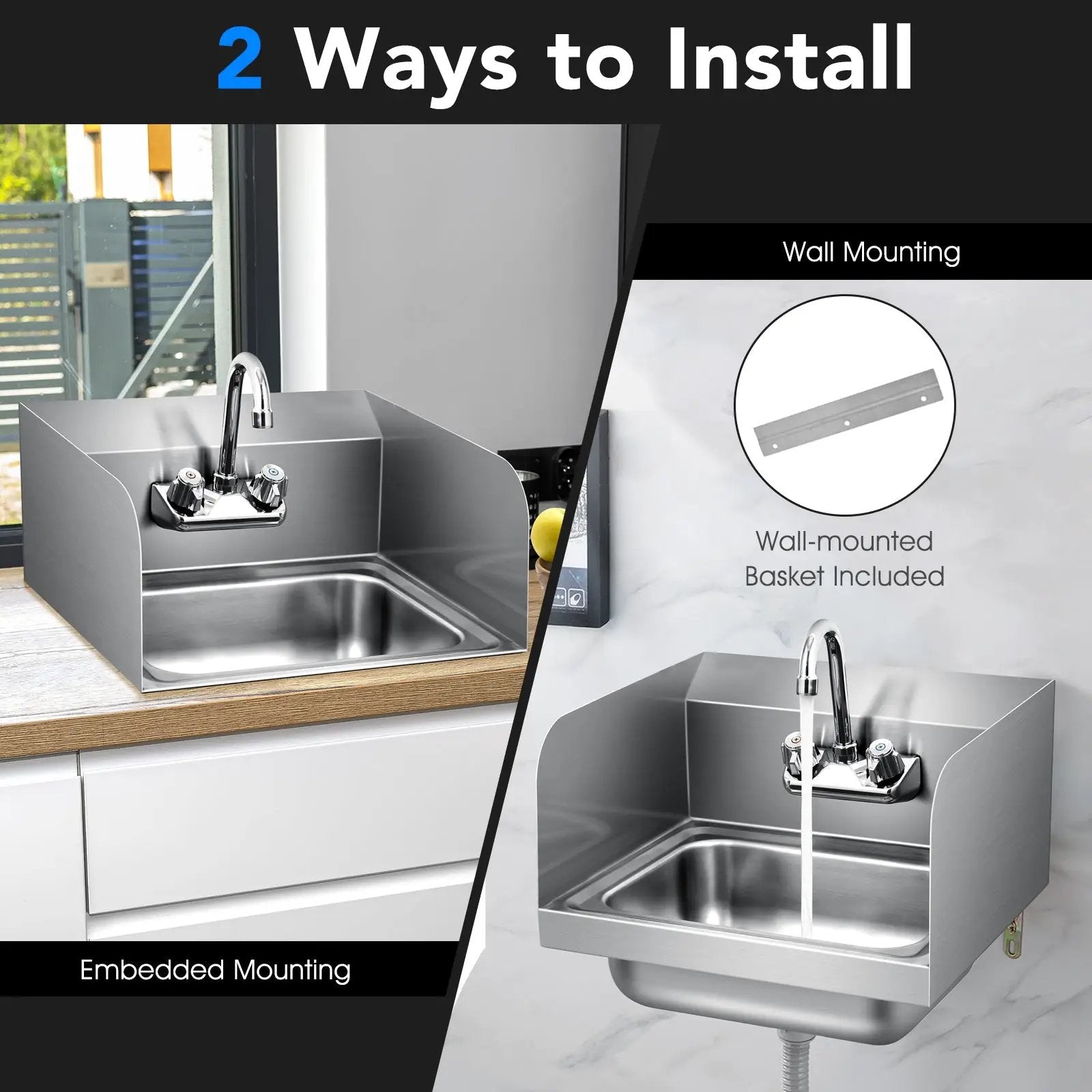 Stainless Steel Sink Wall Mount Hand Washing Sink with Faucet and Side Splash by DirectDeals